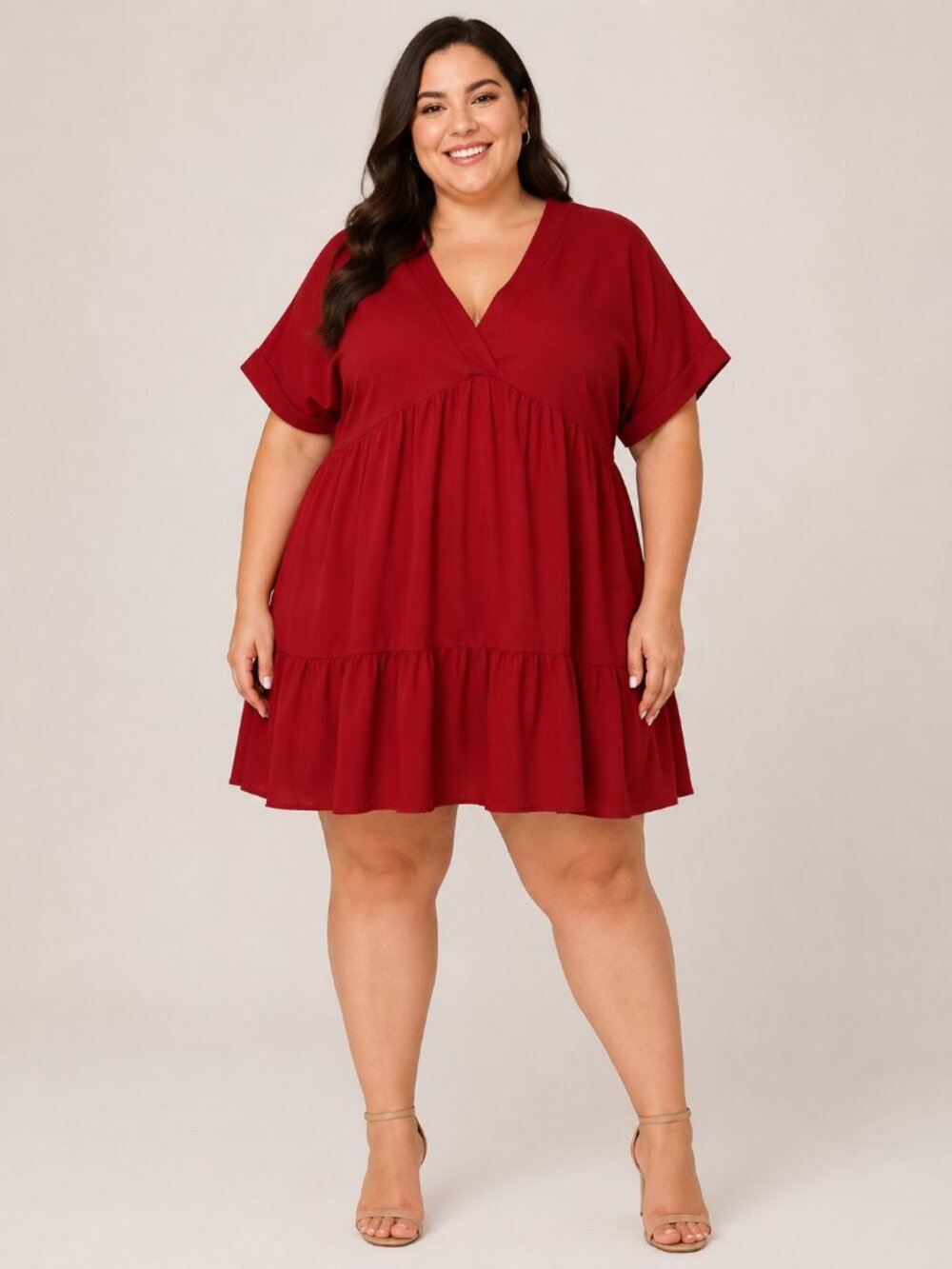 Red Tiered Babydoll Dress 4XL V Neck Short Sleeve Plus Size Flowy Mini Dress